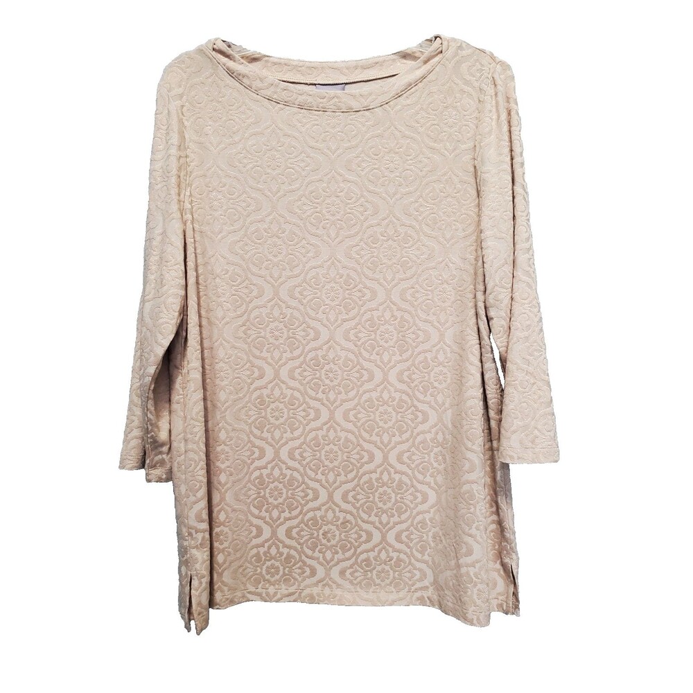 Chico's Gold Jersey Knit Jacquard Boat Neck Top Size 2 Large